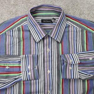 St. Croix Shirt Mens Medium Blue/Red/Green Striped 100% Cotton L/S Made in Italy